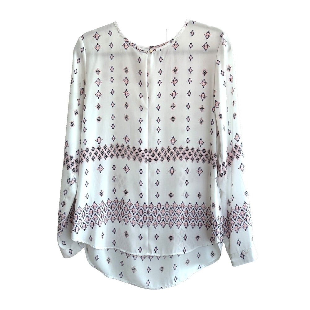 GAP Womens White Print Split Neck Longsleeve Blouse Pink and Blue Sz‎ M
